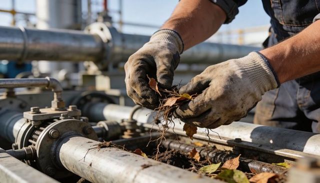 Worker clearing roots and debris from rooftop industrial pipes wearing work gloves