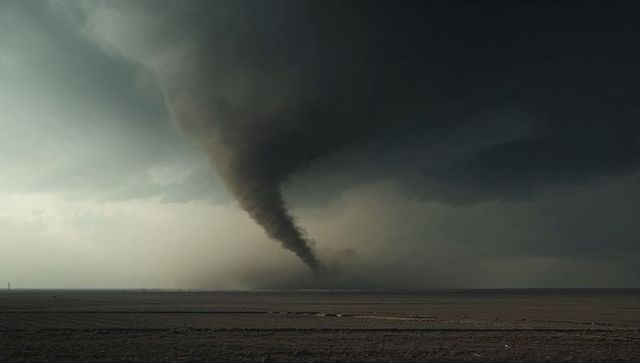 Massive rotating tornado funnel cutting across flat farmland under dark supercell sky