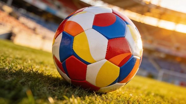 Sunlit multicolored soccer ball resting on grass pitch at golden hour stadium closeup