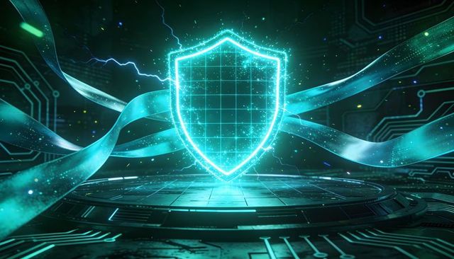 Protecting digital shield hologram hovering over futuristic circuit platform, glowing cyan