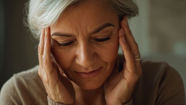 Senior woman pressing temples managing headache and stress in warm soft light closeup