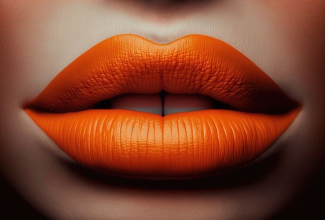 Close-up image of lips wearing vibrant orange lipstick, showcasing intricate details of lip texture and lipstick application. Ideal for use in beauty and fashion campaigns, cosmetics advertisements, makeup tutorials, and social media content.