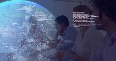 Team Discussing Holographic Earth Projection in Meeting Room