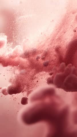 Vertical video showing pink powder explosion forming soft abstract cloud in slow motion