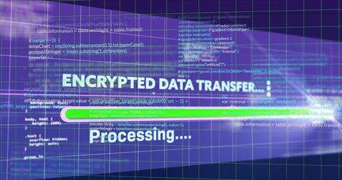 Transferring encrypted data with green progress bar on cybersecurity dashboard interface