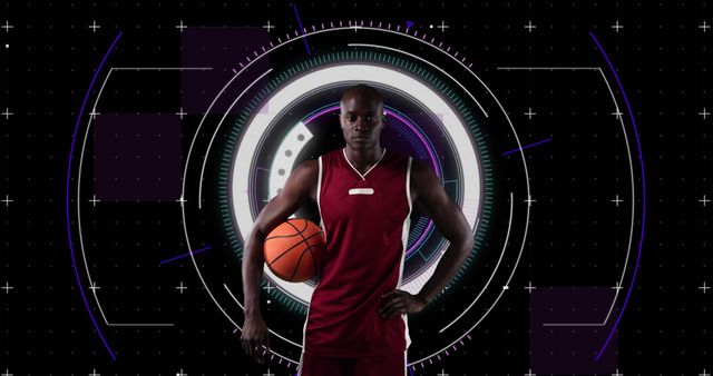 Confident Basketball Player Holding Ball with Futuristic Background - Download Free Stock Images Pikwizard.com