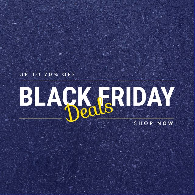 Composition of up to 70 percent off black friday deals shop now text over blue background. Black friday, shopping and retail concept digitally generated image.