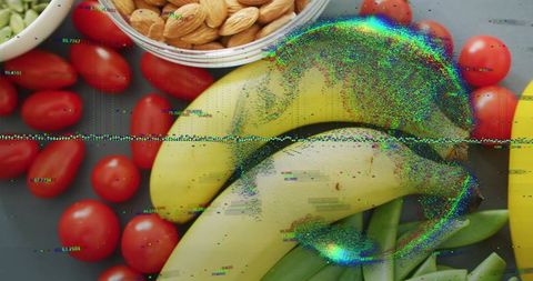 Glitched flat lay bananas cherry tomatoes almonds peas with colorful scanline distortion