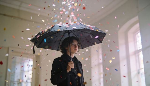 Teen holding black umbrella under falling confetti in minimalist pale hall