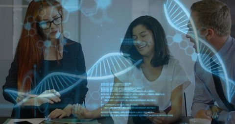 Colleagues Analyzing Genetic Data in Futuristic Office Setting