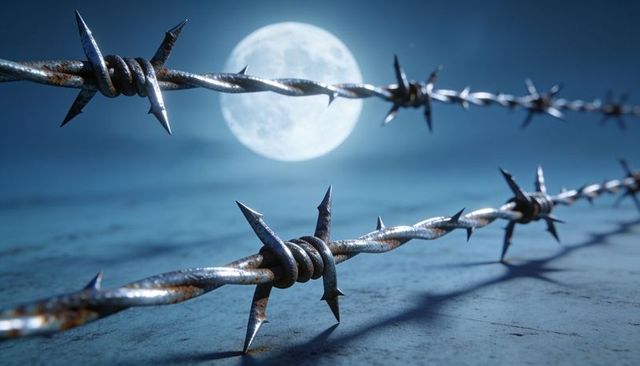Rusted barbed wire glinting under full moon, dramatic night macro of spiked metal texture