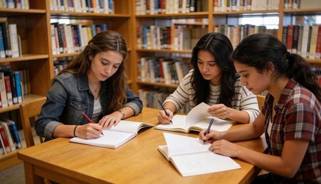 Three Students Studying and Collaborating at Library Table for Group Study