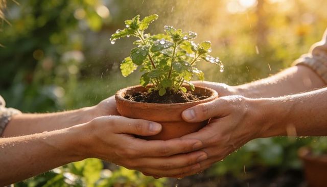 Hands passing potted plant at golden hour emphasizing collaboration and growth