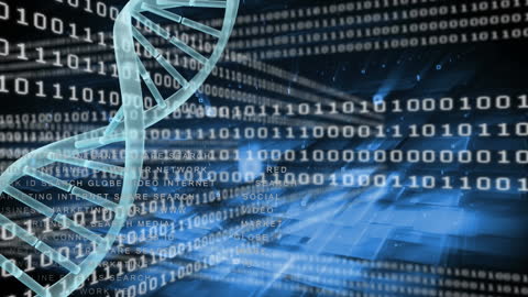 DNA Helix Overlaying Binary Code Background