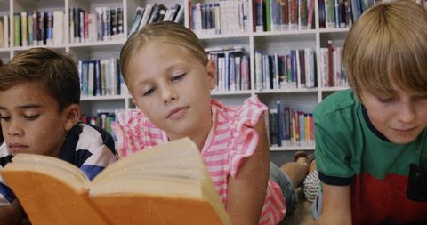 Children Reading in Library with Digital Interface Overlay