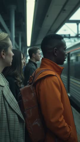 Vertical urban video showing commuters waiting, train arriving on lit platform
