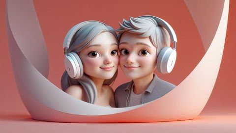 Stylized 3d cute couple with headphones in modern studio scene