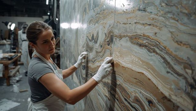 Woman inspecting and aligning seam on polished stone slab in workshop