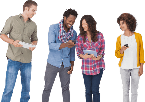 Transparent group of diverse friends using mobile devices