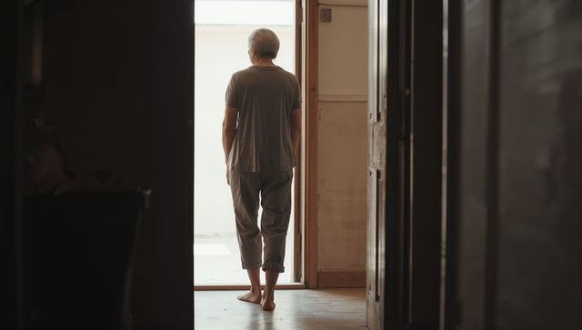 Backlit senior man standing barefoot at open doorway contemplating quiet home transition