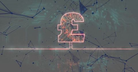 Futuristic neon pound symbol on digital network background