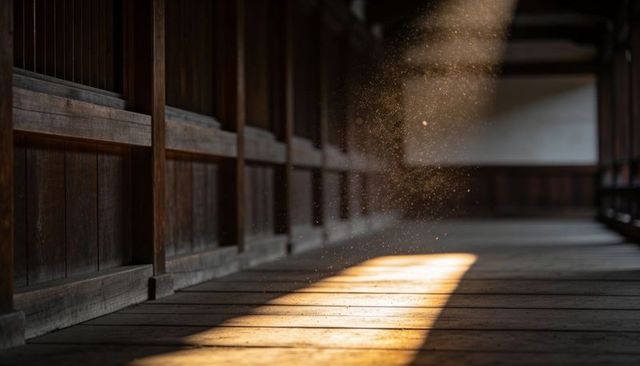 Sunbeam streaming through wooden corridor revealing dancing dust motes on timber floor