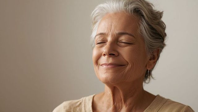 Smiling senior woman with closed eyes relaxing, gentle smile and natural wrinkles