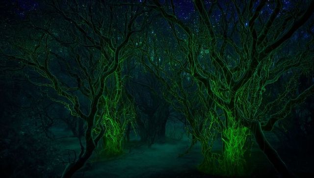 Bioluminescent twisted trees forming glowing green tunnel over misty night path