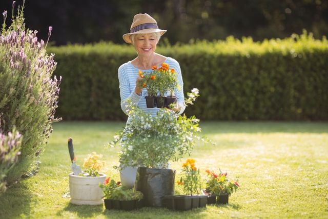 Senior woman enjoying gardening in her backyard, surrounded by various flowers and plants. Ideal for use in articles or advertisements related to healthy lifestyles, hobbies for seniors, outdoor activities, gardening tips, and retirement living.