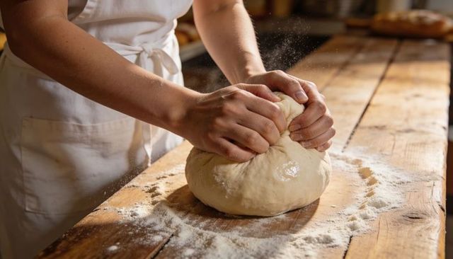 Artisan Baker Kneading Dough on Flour-Dusted Wooden Countertop, Closeup of Hands for Rustic Bakery
