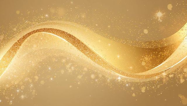 Golden ribbon wave with ornamental filigree edge and sparkling glitter bokeh