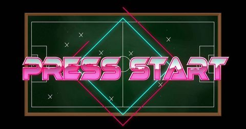 Retro synthwave neon press start gaming typography over chalkboard soccer tactics pitch