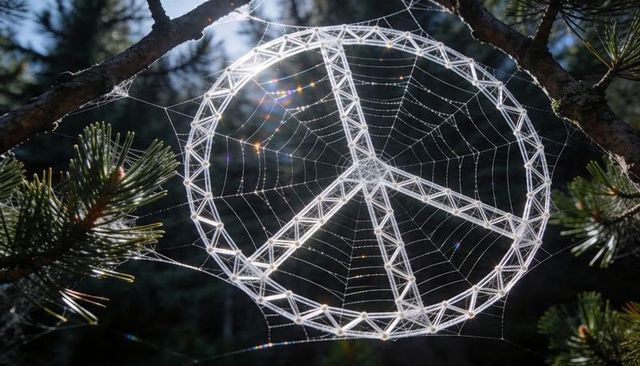 Glistening peace-symbol spider web forming on pine branches backlit at dawn macro closeup