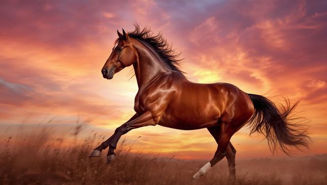 Majestic Chestnut Horse Galloping During Vibrant Sunset