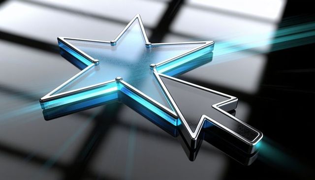 Cursor selecting glassy blue star on glossy black interface for rating and achievement