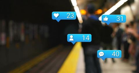 Commuter waiting on subway platform with social media notification bubbles overlay