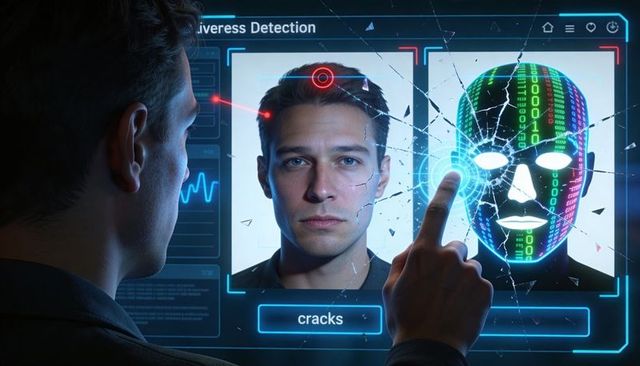 Operator touching cracked biometric screen breaking mask avatar during facial recognition