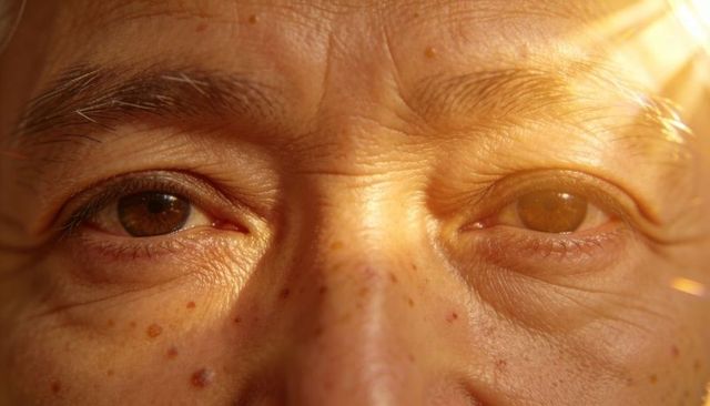 Sunlit portrait of older latina woman with brown eyes, freckled wrinkled skin, golden hour