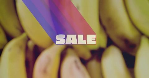 Vibrant sale overlay featuring ripe bananas with diagonal purple-magenta-blue bands