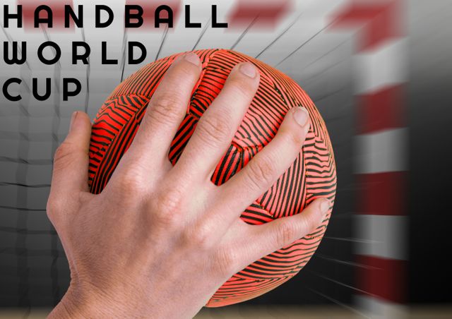 Composite image of hand holding handball with text against goal post, copy space. handball world cup, sport and competition.