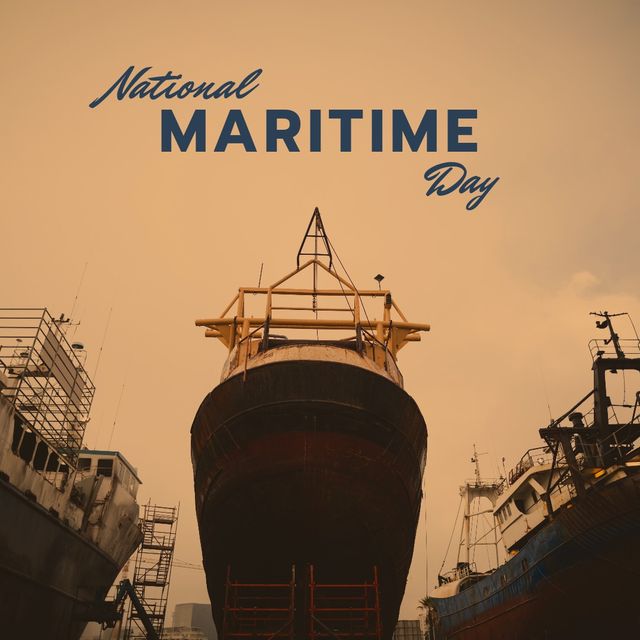 Illustration of 'National Maritime Day' text with ships at a commercial dock in the background. Suitable for use in marketing materials, event promotions, posters, banners, and social media posts related to maritime activities and celebrations.