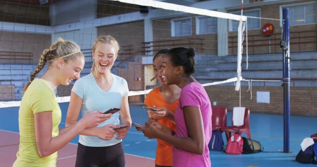 Tween Girls Enjoying Time Together Using Smartphones on Volleyball Court - Download Free Stock Images Pikwizard.com