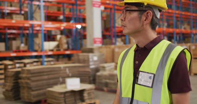 Asian male worker wearing safety suit and walking in warehouse. global business, shipping and delivery.