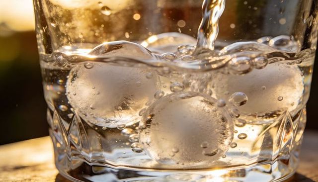 Pouring water creating bubbles around spherical ice cubes in cut glass tumbler