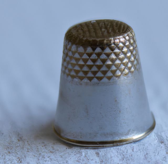 Image of close up of silver thimble on blue fabric background. Clothing, sewing and tailoring concept.