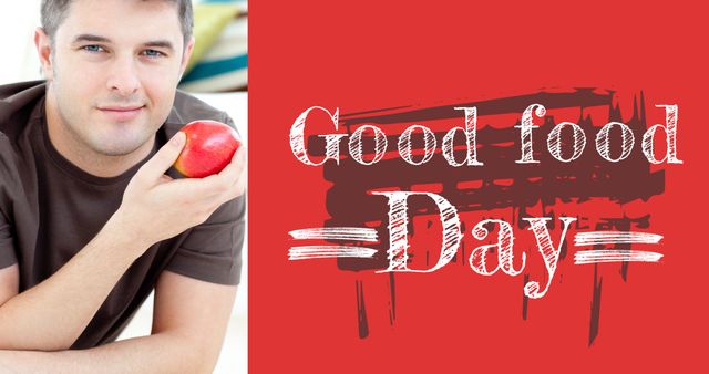 Digital composite image of caucasian man holding fruit wit good food day text on red background. Food and drink, healthy eating, freshness, organic.