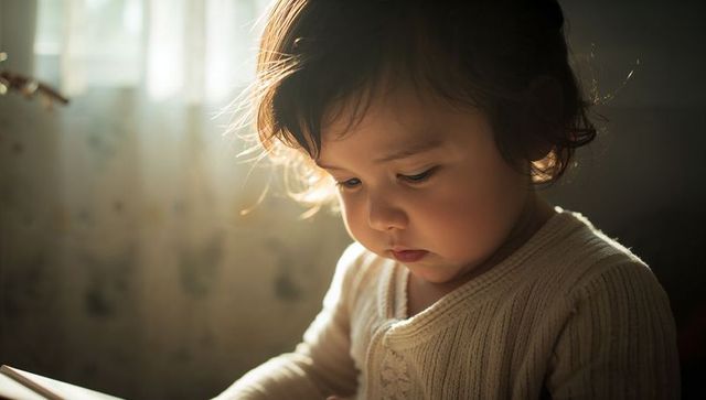 Gazing female toddler reading book by sunlit window, warm golden-hour portrait