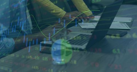 Business analysis team discuss financial strategy with data overlays