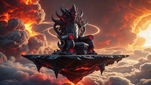 Majestic gothic throne hovering amidst fiery hell skies