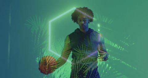 Basketball Intensity and Nature Fusion with Neon Leaves